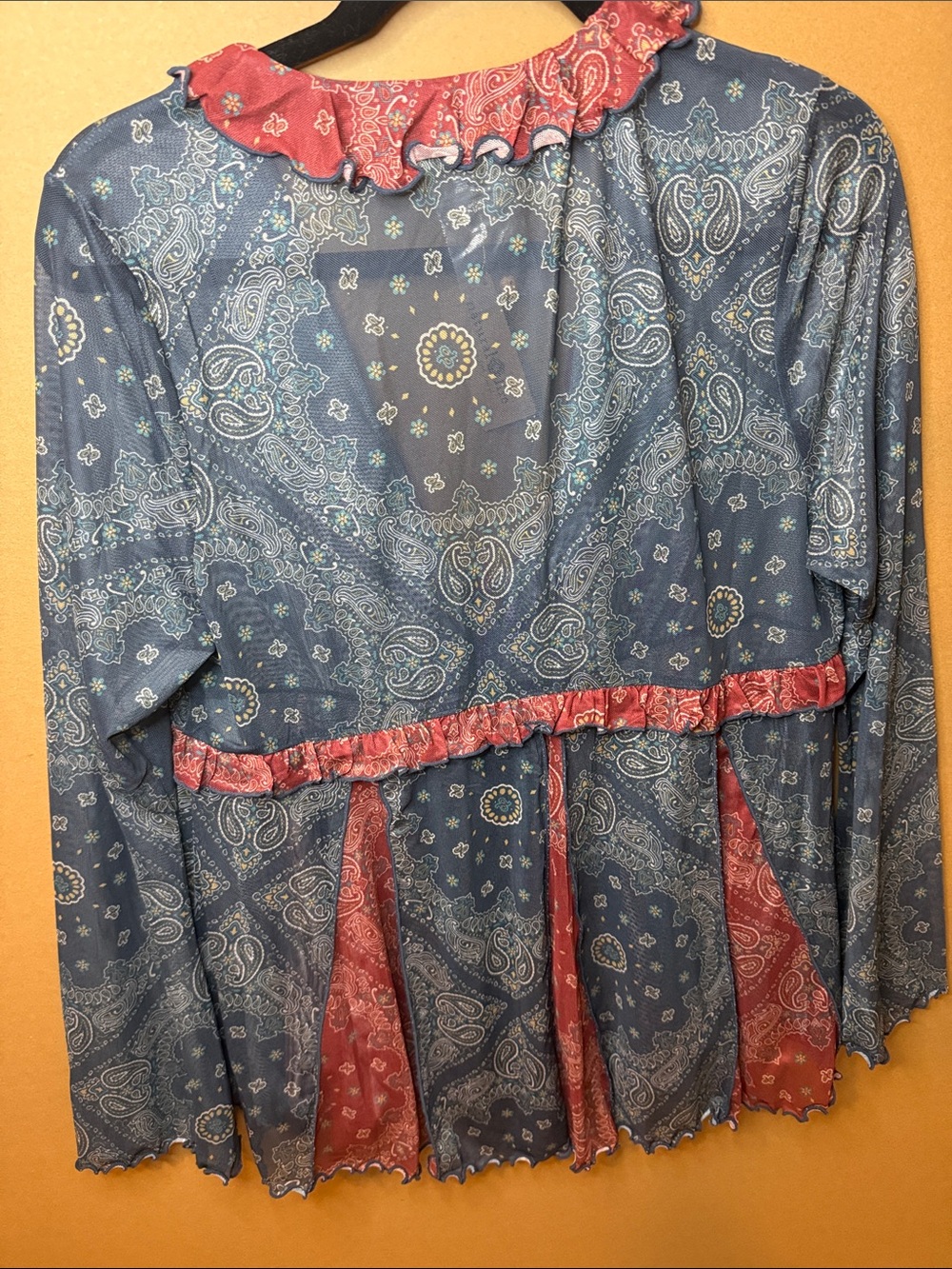 NATURAL LIFE Blue and Rust Paisley Ruffle V-Neck Tie-Front Blouse Mesh Flowy New - Picture 7 of 7
